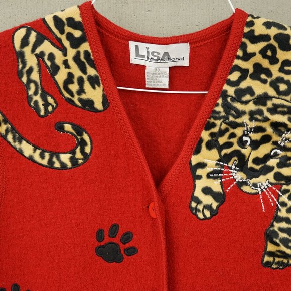 Lisa International Boiled Wool Vest Red Leopard Print Size M - Picture 3 of 5